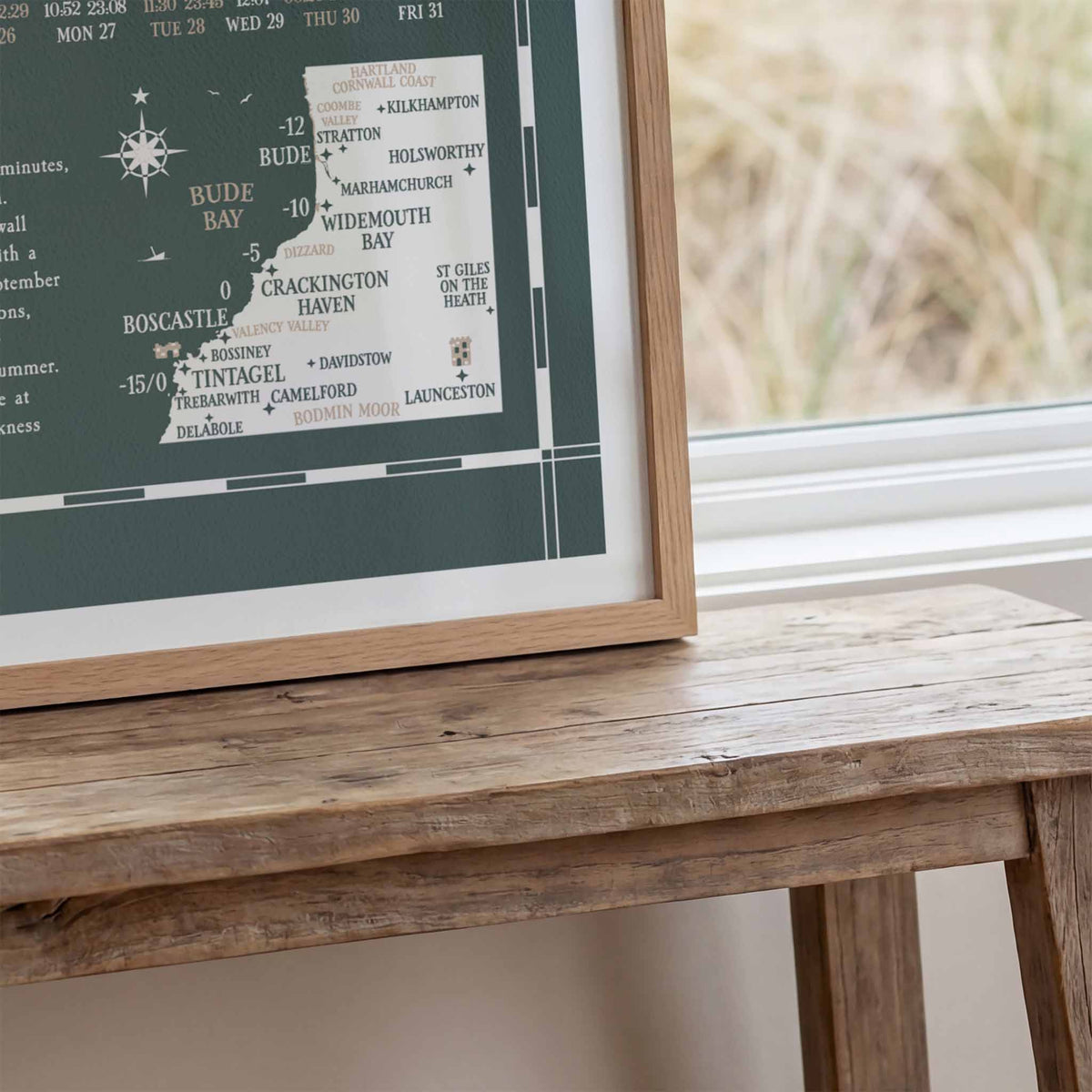 Bude, Boscastle, Tintagel tide chart print, close up detail