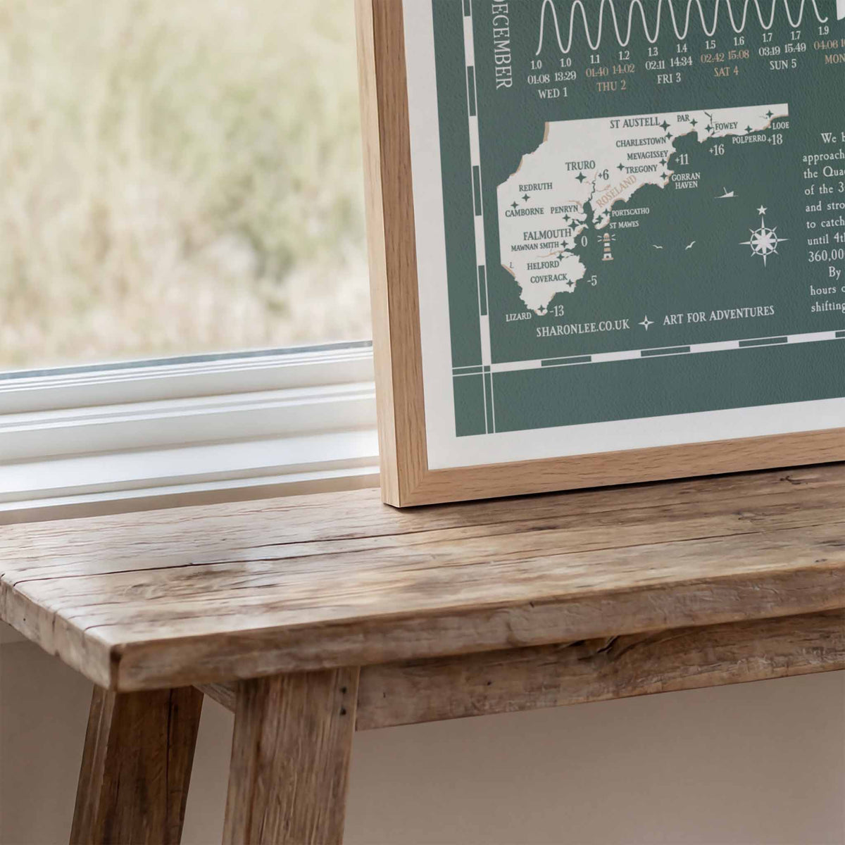 Cornwall South Coast tide chart print, close up detail