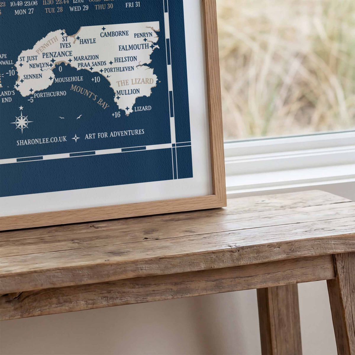 South West Cornwall tide chart print, close up detail