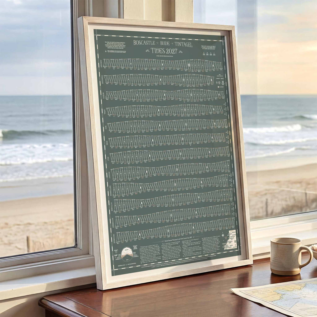 Bude, Boscastle, Tintagel tide chart print, Grey-Green colourway