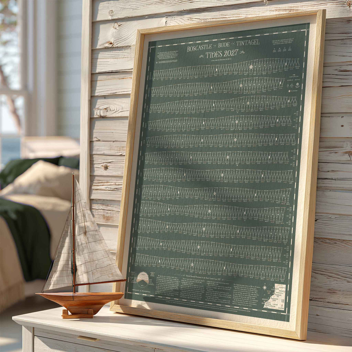 Bude, Boscastle, Tintagel tide chart print, Grey-Green colourway