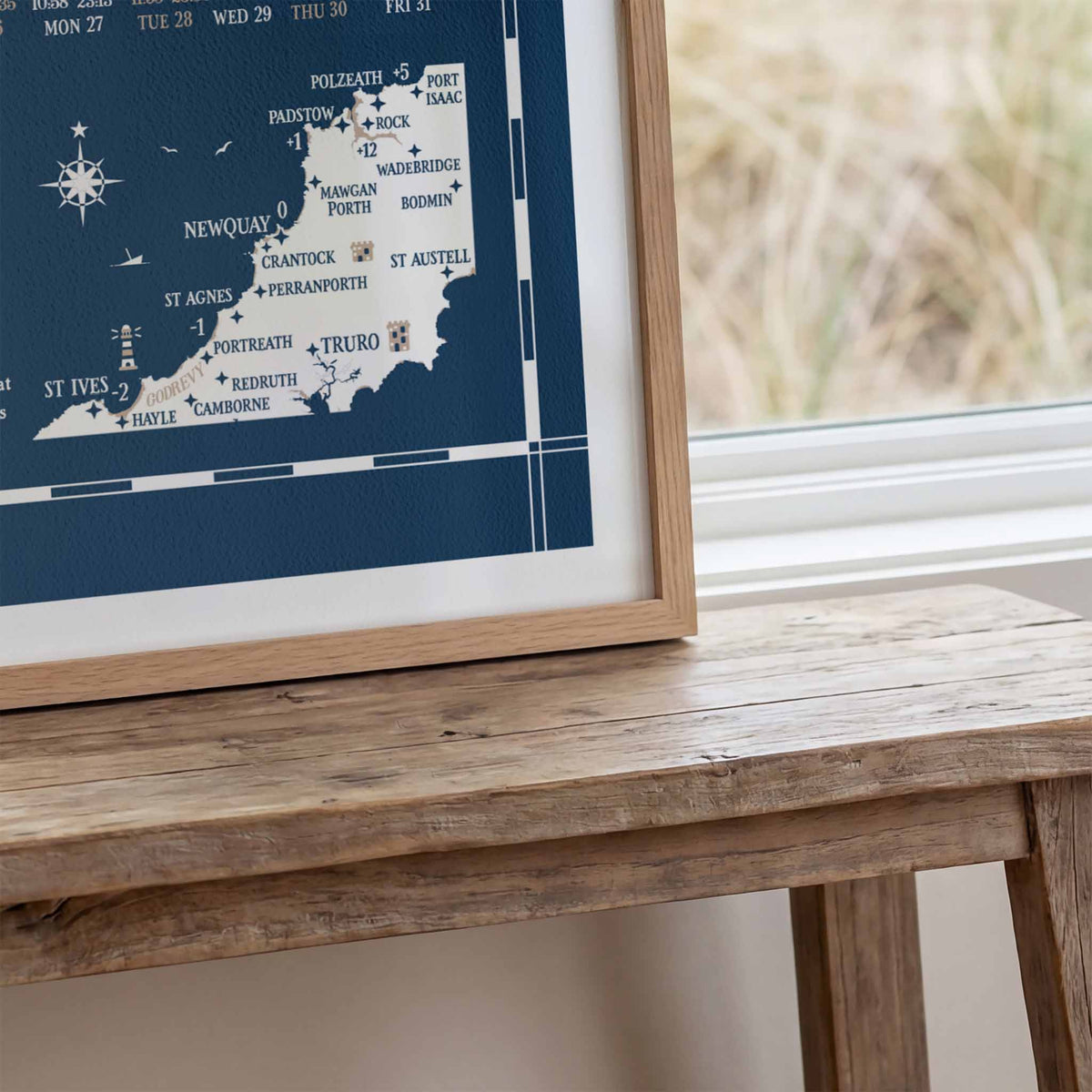Cornwall North Coast tide chart print, close up detail