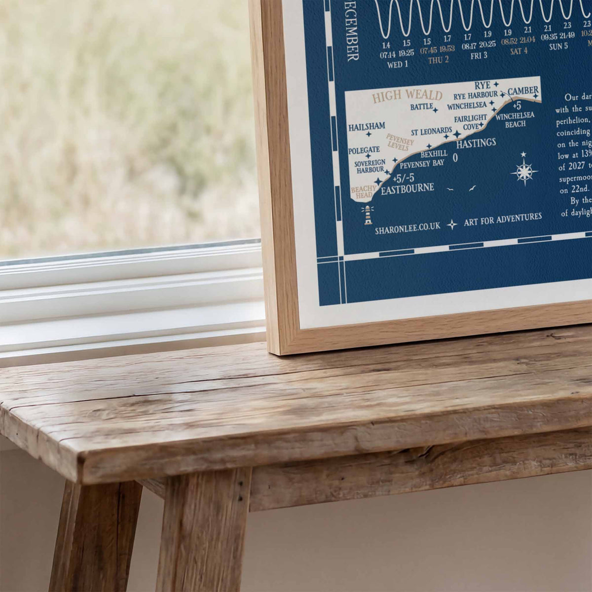 East Sussex: Hastings & Eastbourne tide chart print, close up detail