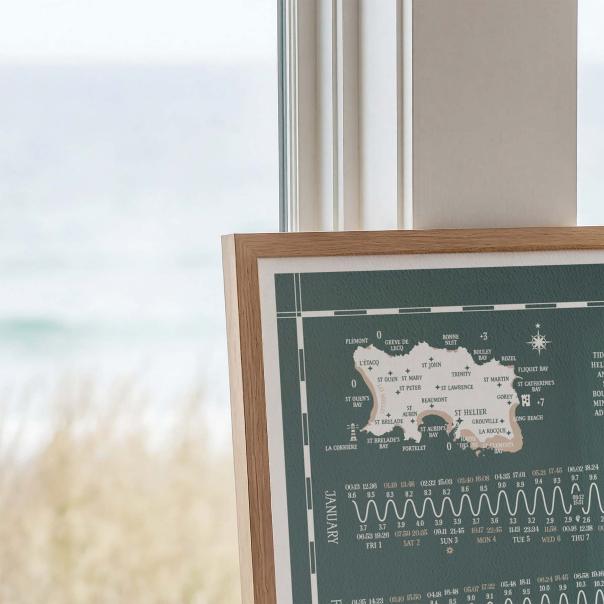 Jersey tide chart print, close up detail