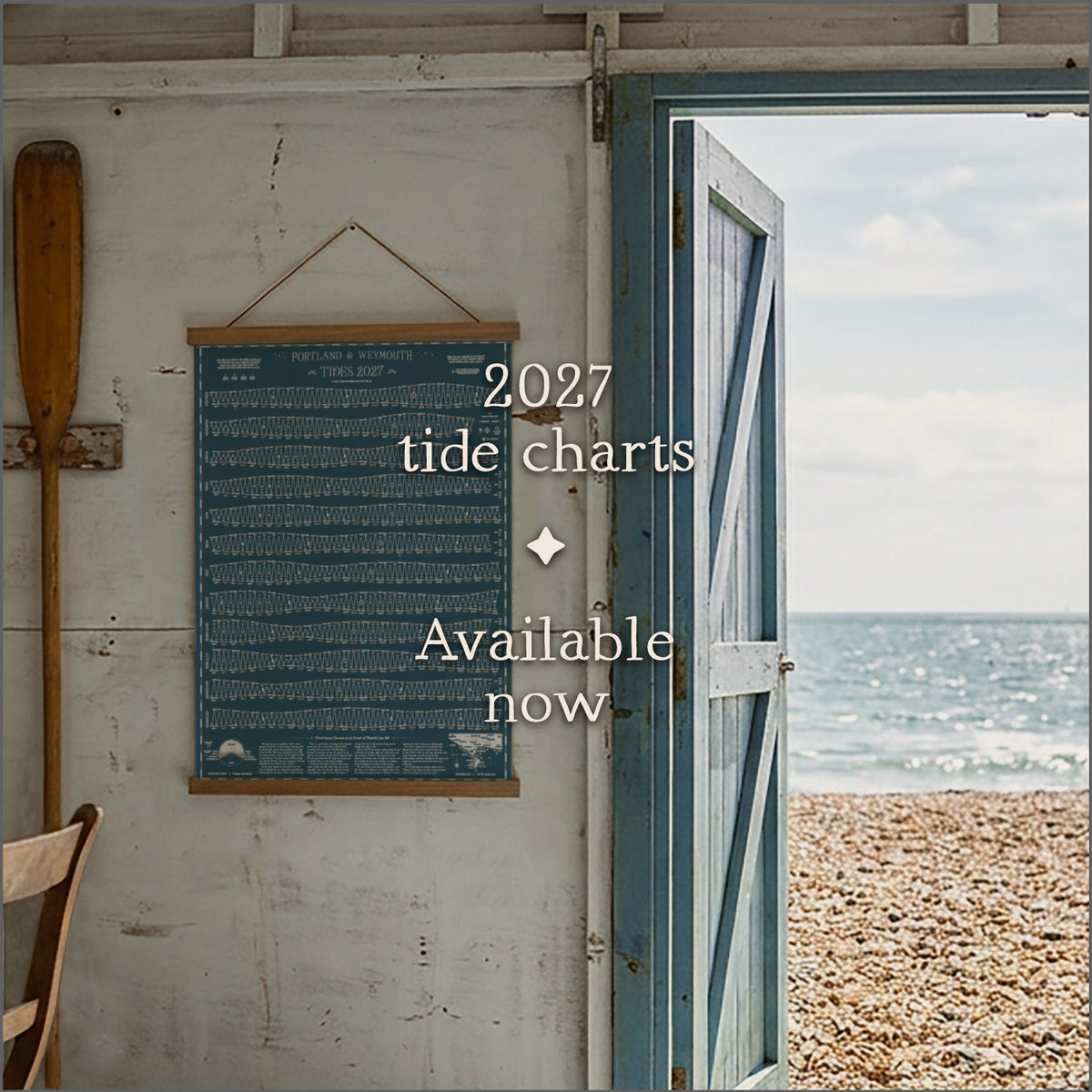 Beach hut with a 2027 tide chart on the wall: 2027 tide charts available now