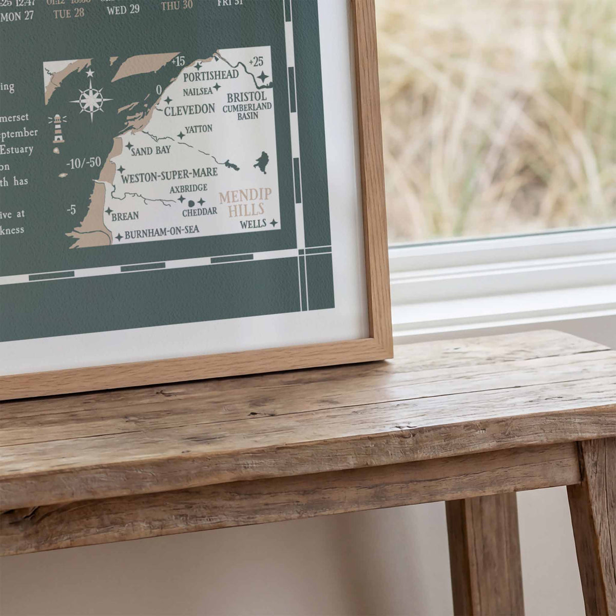 North Somerset tide chart print, close up detail