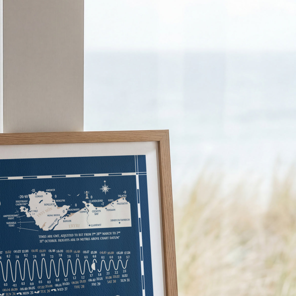 North Wales tide chart print, close up detail