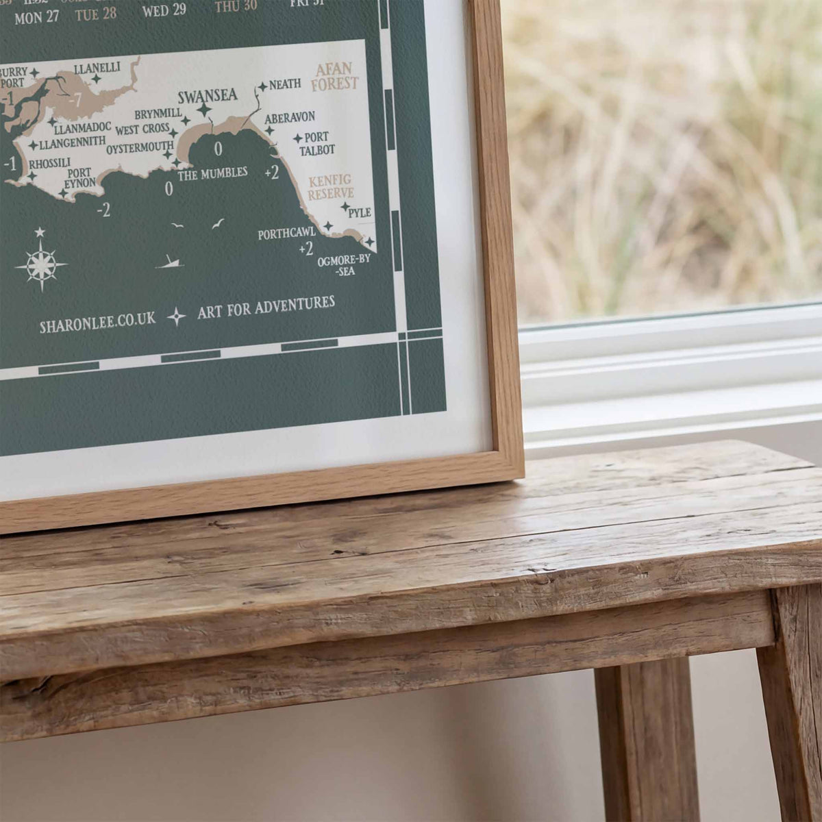 Swansea and Gower tide chart print, close up detail