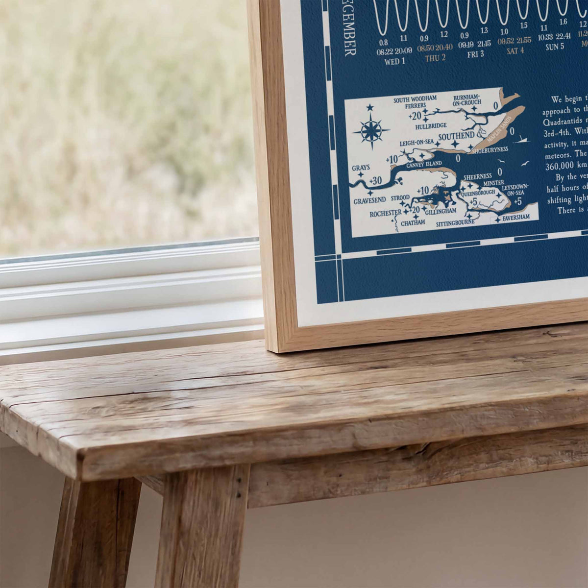Thames Estuary tide chart print, close up detail